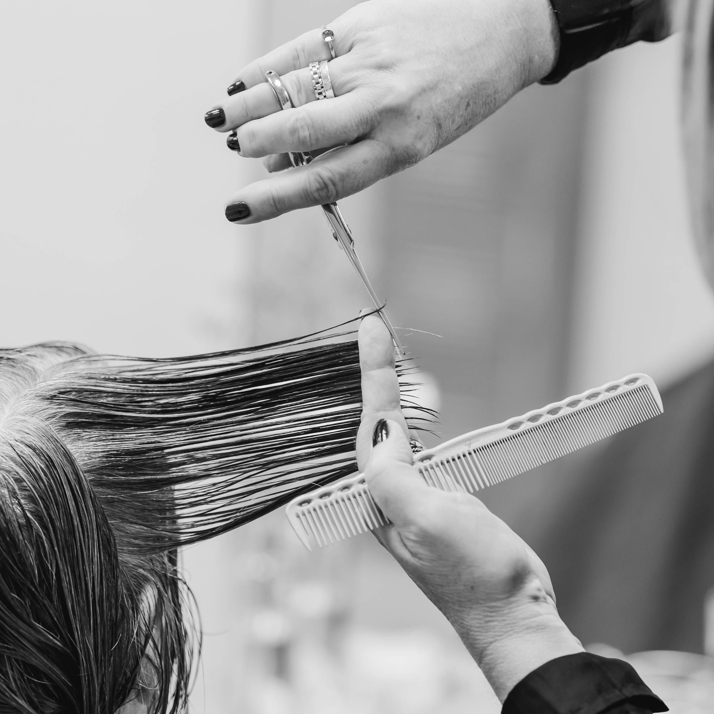 Haar knippen Hand boven in beeld, die een schaar vast heeft, aan de linkerkant lang haar wat geknipt word met de schaar, een andere hand houdt het haar vast.